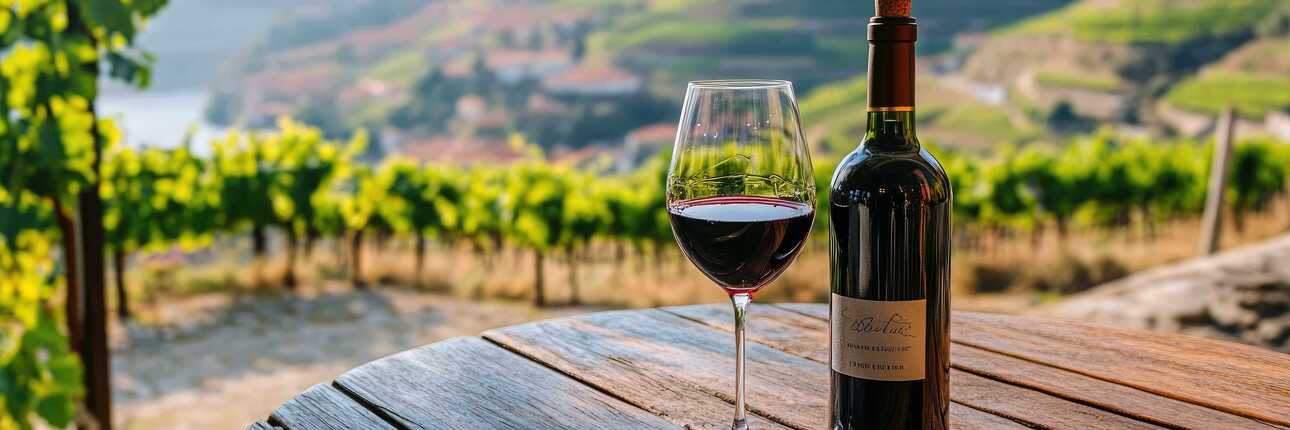 Eine Flasche Portwein mit Glas im Douro-Tal in Nordportugal