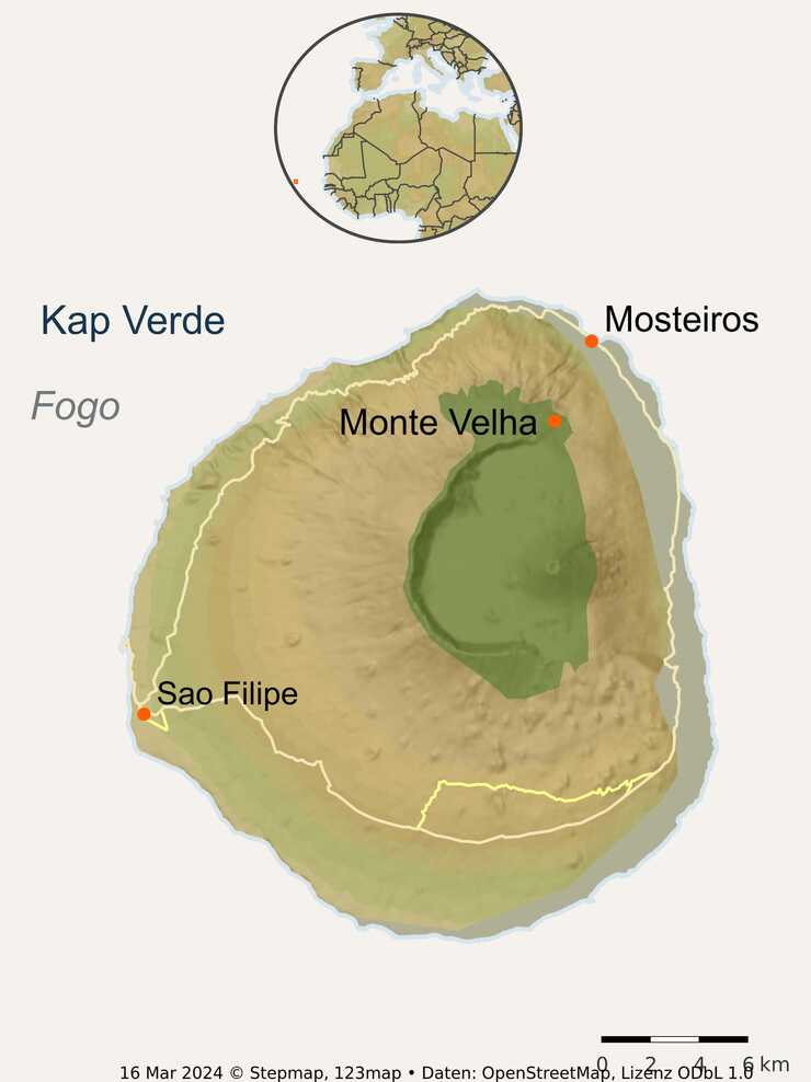 Karte Insel Fogo mit Cha das Caldeiras und Sao Filipe