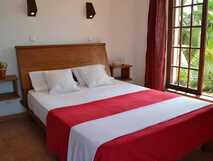 Orchidea Guesthouse auf Boa Vista, gemütliches Zimmer mit großem Bett und frischem Blick ins Grüne – ideal für entspannte Urlaubstage.