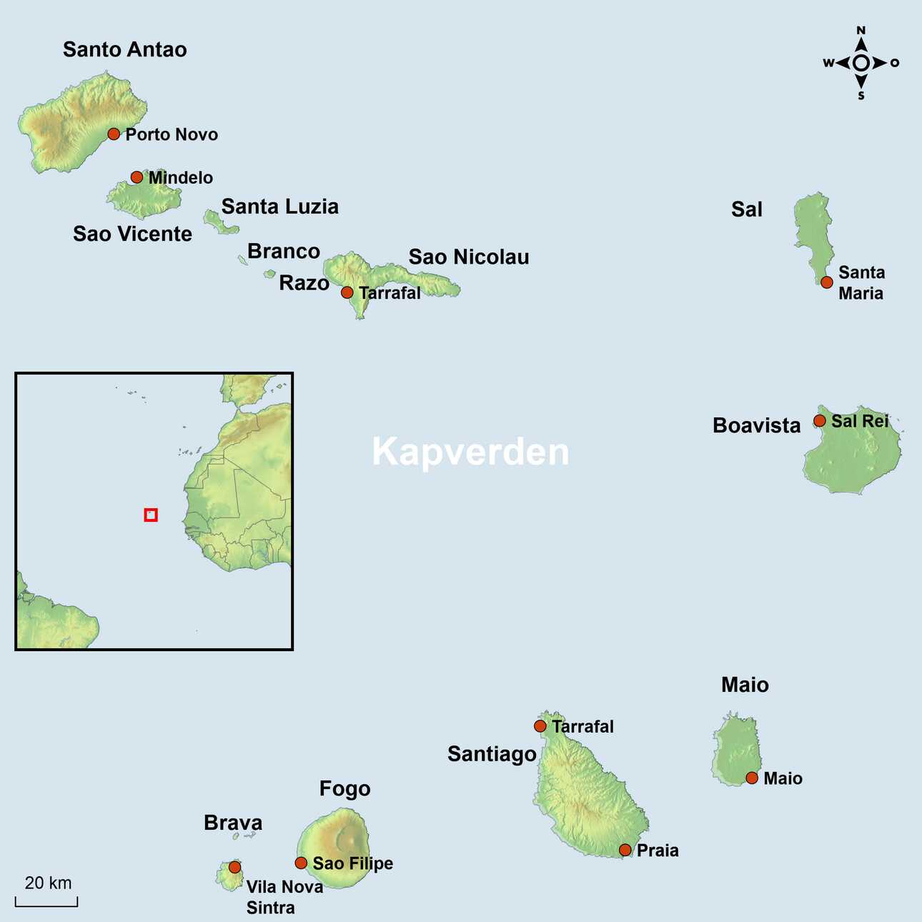 Karte der Kapverdischen Inseln im Atlantik mit Übersicht über die geografische Lage westlich von Afrika.
