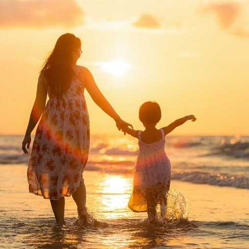 Mutter mit Kind am Strand an der Algarve
