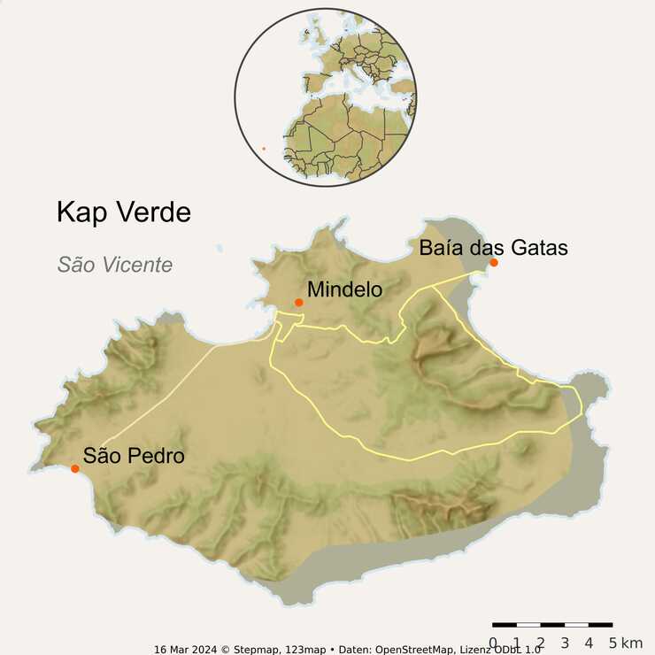 Karte von Santo Antao mit der Bucht von Mildelo, Baia das Gatas und Sao Pedro