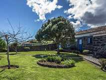Casas do Frade: Traditionelles Steinhaus auf den Azoren mit gepflegtem Garten, altem Baum und Blick auf das Meer im Hintergrund