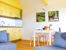 Patio Lodge Faial, modernes und gemütliches Apartment mit voll ausgestatteter Küche und hellem Essbereich für einen entspannten Aufenthalt.