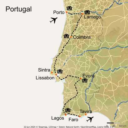 Routenkarte mit Streckenverlauf für diese Rundreise von Porto nach Faro mit allen Highlights Portugals