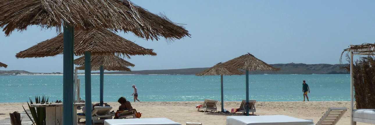 Sonnenschirme und ruhiges Meer bei klarem Himmel am Strand von Boa Vista auf den Kapverden.