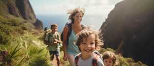 Frau mit drei Kindern wandert in den Bergen entlang des Meeres. Die Menschen sehen sehr fröhlich aus.