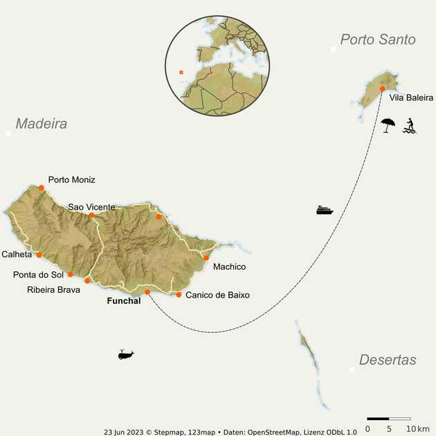 Madeira und Porto Santo auf der Landkarte, um zu sehen wo die Inseln liegen