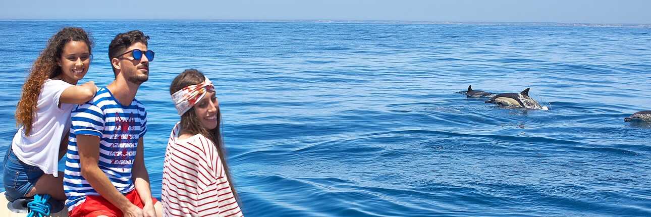 Familie sitzt auf dem Boot und beobachtet Delfine