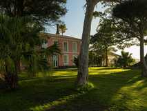 Gartenblick auf die rosa Fassade des Solar do Cantos Botanic House, umgeben von alten Bäumen und Palmen.