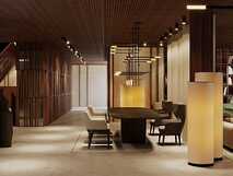 Hotel Verde Mar & Spa auf Sao Miguel, stilvolle und moderne Lobby mit warmem Ambiente und elegantem Möbeldesign, ideal zum Entspannen.