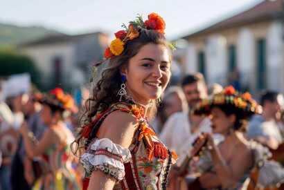 Hübsche Frau mit Traditionskleidung beim Viana do Castelo Festival