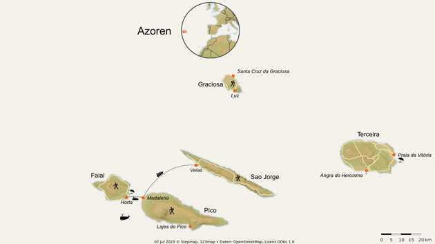 Die Zentralgruppe der Azoren auf der Karte mit den Inseln Faial, Pico, Sao Jorge, Terceira und Graciosa