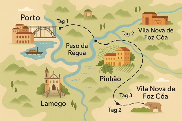 Gezeichnete Karte des Dourotals mit den verschiedenen Stationen der Reise