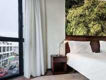 Neat Hotel Sao Miguel – Modernes Zimmer mit gemütlichem Bett und Grünwand, stille Oase inmitten der Stadt.