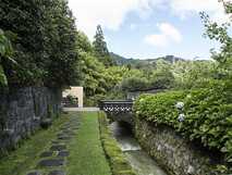 Quinta da Mo auf Sao Miguel, idyllischer Gartenweg entlang eines Wasserkanals mit üppiger Vegetation – Ruhe und Natur pur bei picotours.