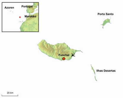 Karte zeigt, wo Madeira liegt - zwischen Portugal, Marokko, Azoren und Kanaren