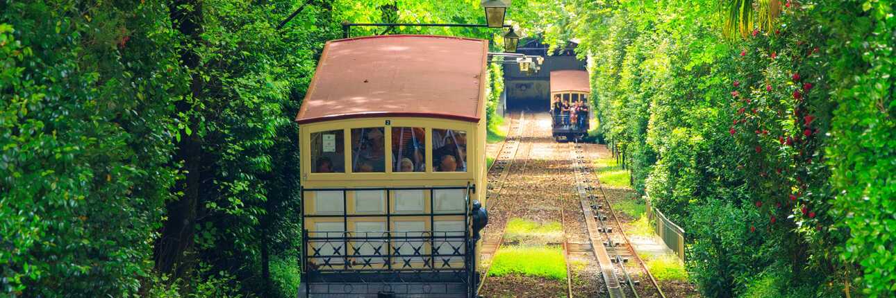 2 Schienen mit jeweils einer Bahn - eine geht nach unten und zieht durch ihre Wasserladung die andere nach oben.