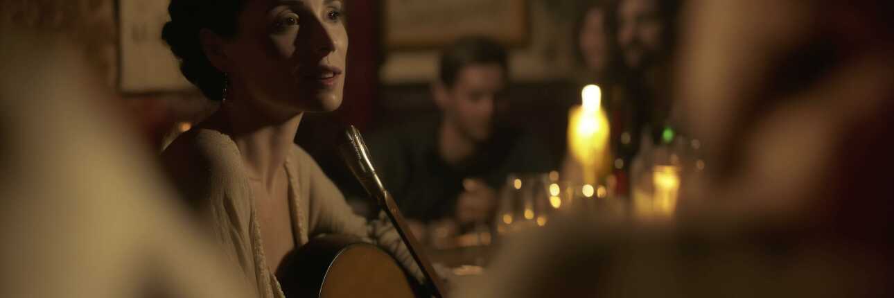 Fado-Sängerin mit Gitarre in stimmungsvoller Atmosphäre – Live-Musikabend in einer Bar in Faro, Portugal