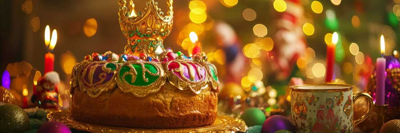 Ein festlich geschmückter Königskuchen auf einem reich gedeckten Tisch zu Weihnachten in Portugal