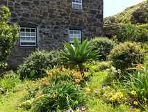 Quinta dos Frutos, idyllischer Garten mit blühenden Pflanzen und traditionellem Natursteinhaus.